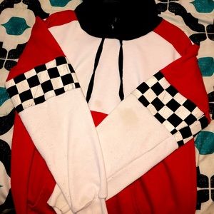 kids size XS hoodie. red white and black. 5$